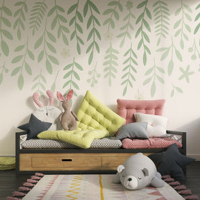 Hanging garden mural wallpaper complementing wooden furniture in kids room by Kids-Mundo