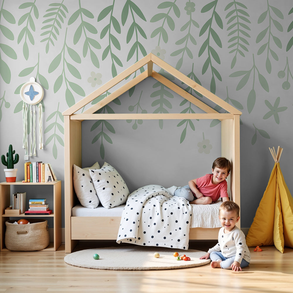 Delicate hanging leaves mural wallpaper creating serene nursery atmosphere by Kids-Mundo