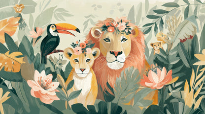 Kids-Mundo flat artwork of a lion family and toucan jungle wall mural design with florals.