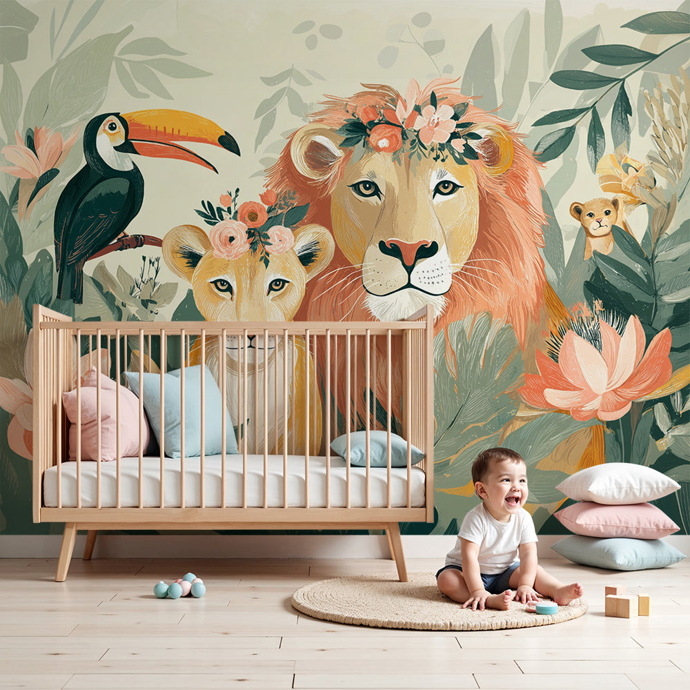 Kids-Mundo lion family and toucan jungle wall mural in an elegant, soft nursery.