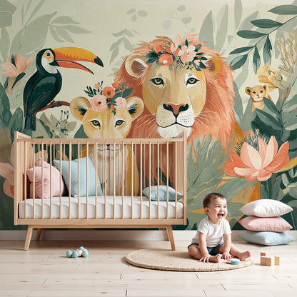 Kids-Mundo lion family and toucan jungle wall mural in an elegant, soft nursery.
