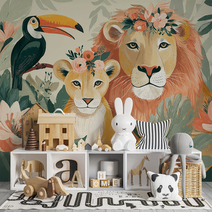 Kids-Mundo jungle animal family mural with toucan and owl brightening a children's playroom.