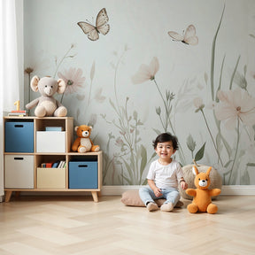 Floral meadow mural wallpaper with butterflies in modern baby nursery by Kids-Mundo