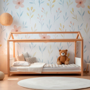 Pastel botanical wallpaper creating peaceful atmosphere in children's bedroom