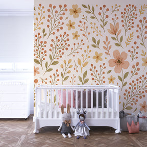 Botanical floral wallpaper transforming kids bedroom into garden sanctuary with natural wood furniture