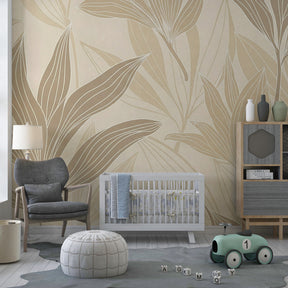 Delicate floral wallpaper transforming children's bedroom with elegant leaf motifs and natural wood furniture