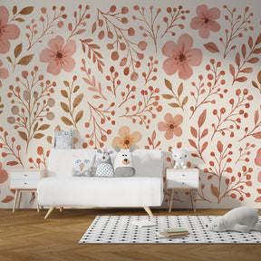 Botanical children's bedroom featuring floral mural wallpaper with gentle foliage patterns by Kids-Mundo