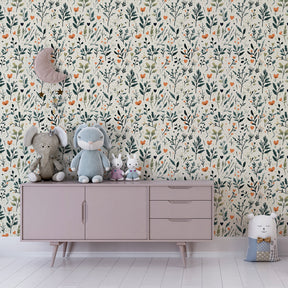 Botanical floral wallpaper creating serene atmosphere in children's bedroom interior