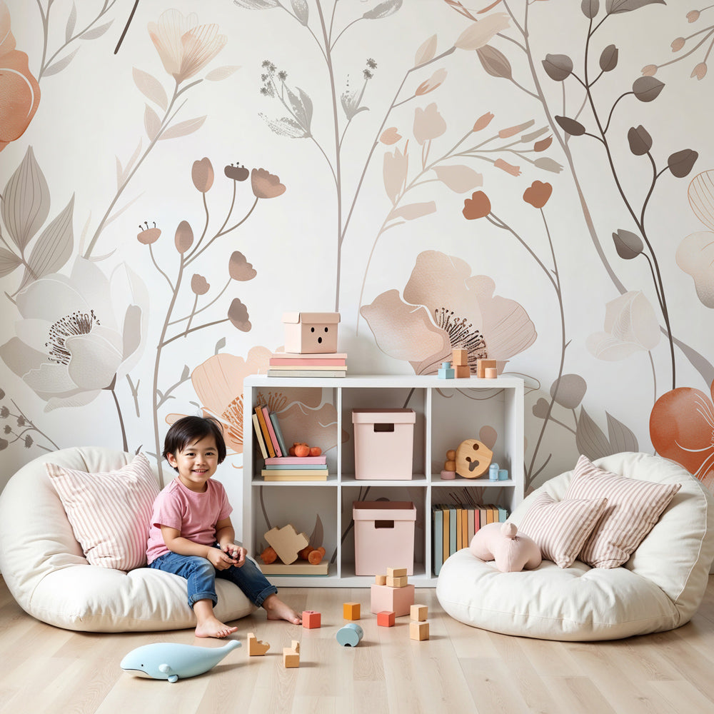 Delicate beige floral mural wallpaper creating peaceful nursery atmosphere by Kids-Mundo