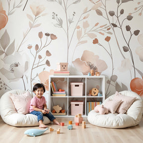 Delicate beige floral mural wallpaper creating peaceful nursery atmosphere by Kids-Mundo