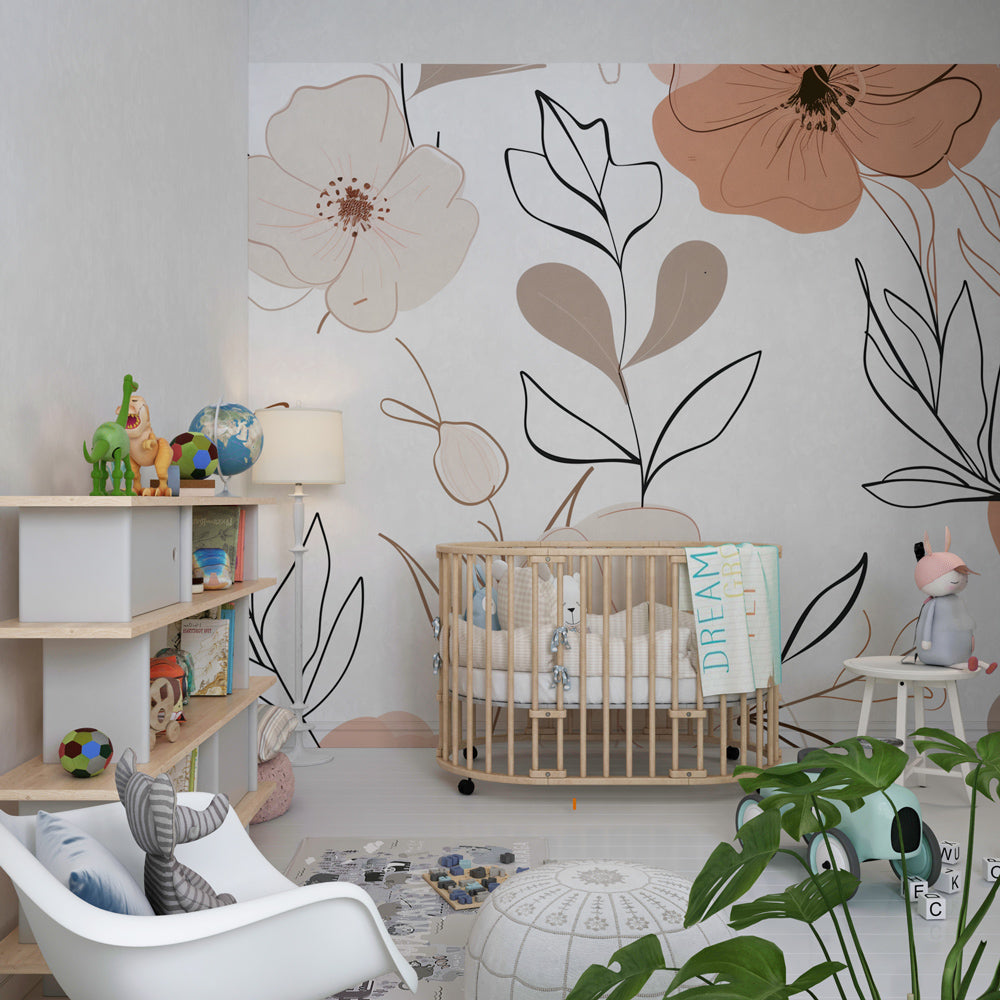 Terracotta cream floral wallpaper creating serene atmosphere in children's bedroom decor
