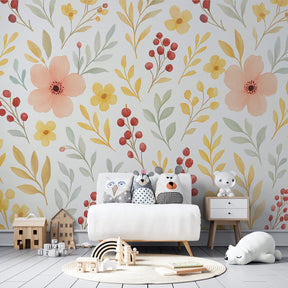Floral mural wallpaper with soft pastels transforming children's bedroom into botanical haven
