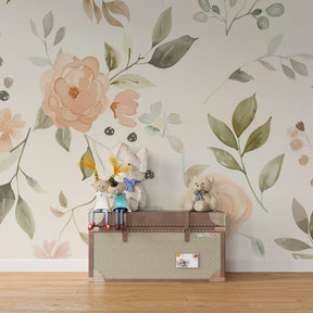 Botanical floral mural wallpaper with green foliage accent wall in peaceful nursery setting