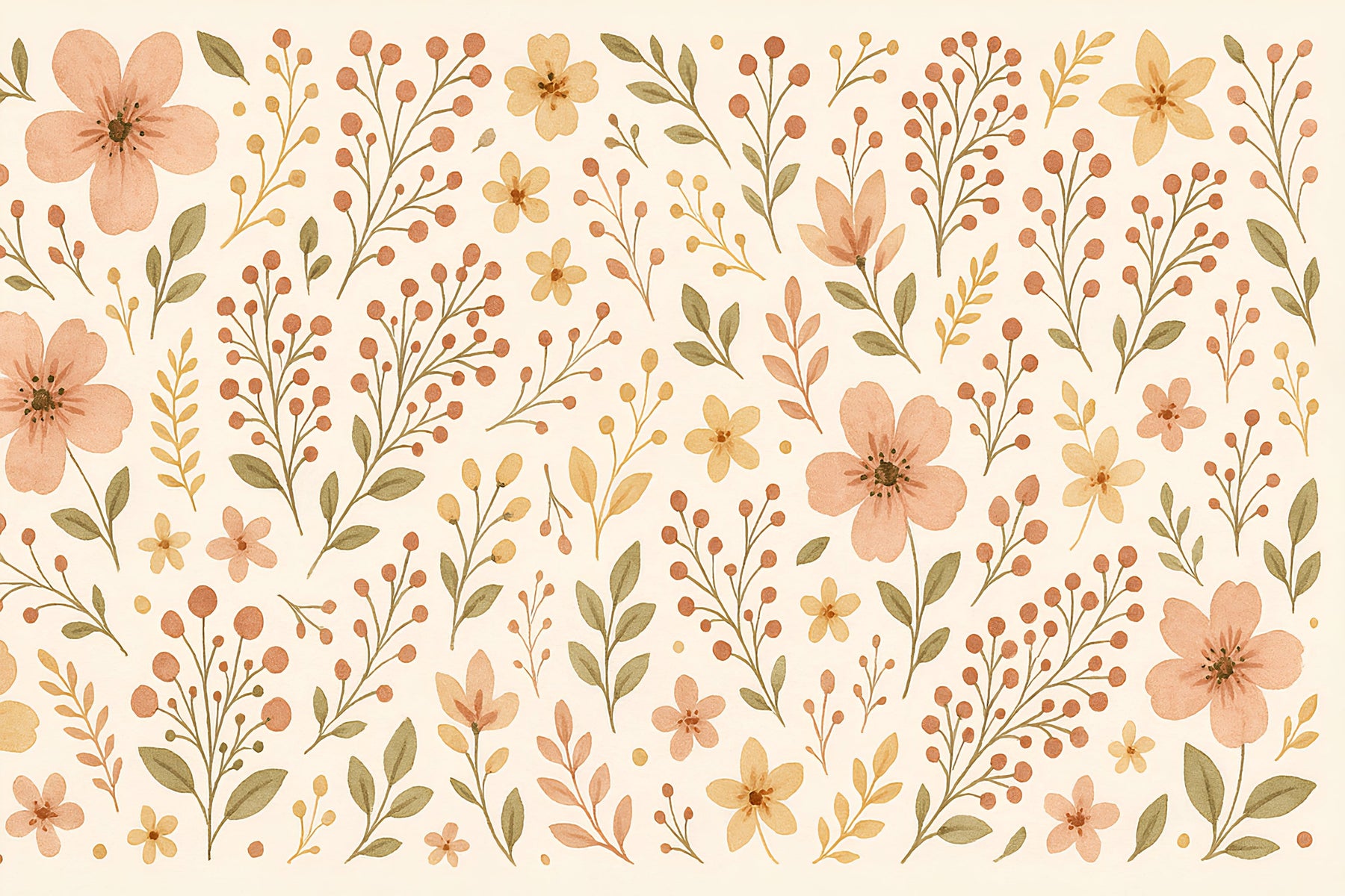 Detailed floral botanical mural wallpaper design pattern with delicate pink and yellow flowers by Kids-Mundo