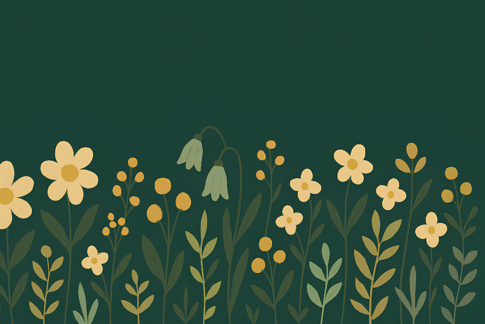Detailed yellow white flowers on green background mural wallpaper design pattern by Kids-Mundo