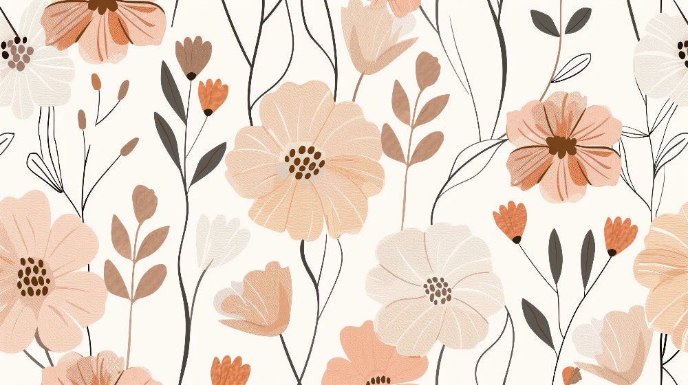 Detailed pastel floral mural wallpaper design pattern with terracotta botanical elements by Kids-Mundo