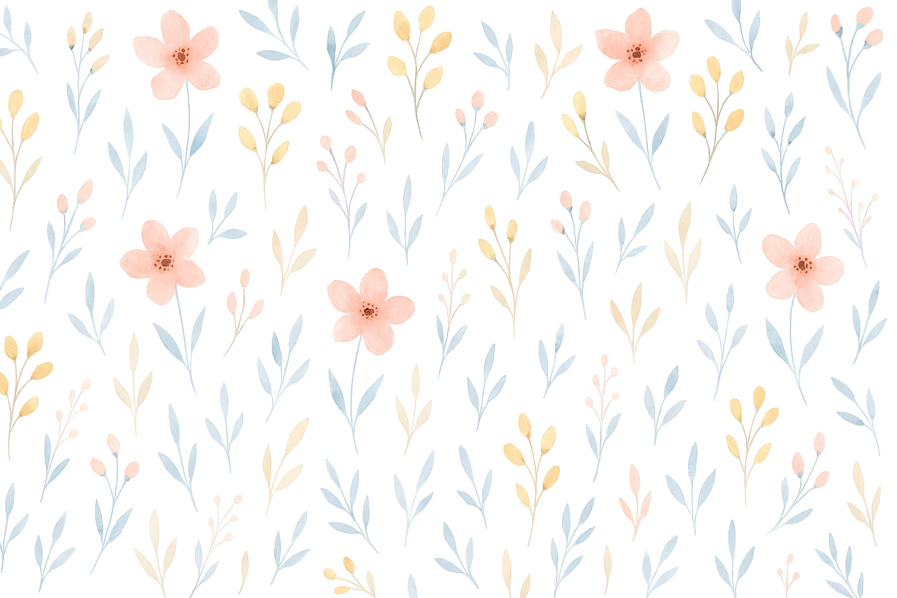 Delicate pink flowers and pastel foliage mural wallpaper design pattern by Kids-Mundo