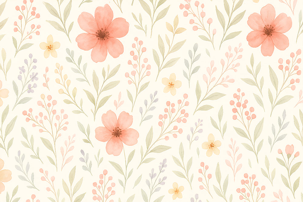 Detailed pastel floral mural wallpaper design pattern with pink blooms and delicate foliage by Kids-Mundo