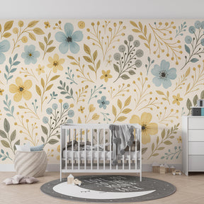 Pastel garden wallpaper creating serene children's bedroom with natural botanical design