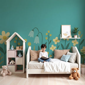 Colorful floral mural wallpaper with yellow flowers in modern kids nursery by Kids-Mundo
