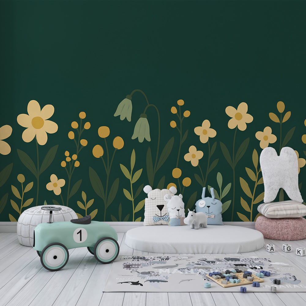 Nature-inspired floral wallpaper with soothing green background for children's playroom decor
