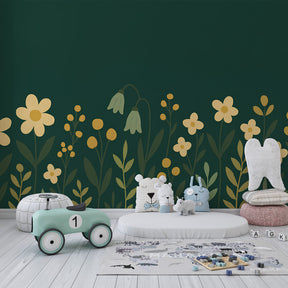 Nature-inspired floral wallpaper with soothing green background for children's playroom decor