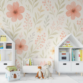 Pastel garden wallpaper with pink and yellow flowers in bright children's bedroom decor