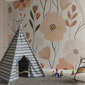 Elegant floral wallpaper with terracotta accents decorating children's bedroom wall by Kids-Mundo