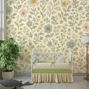 Soft botanical wallpaper in children's bedroom featuring gentle floral patterns in natural earth tones