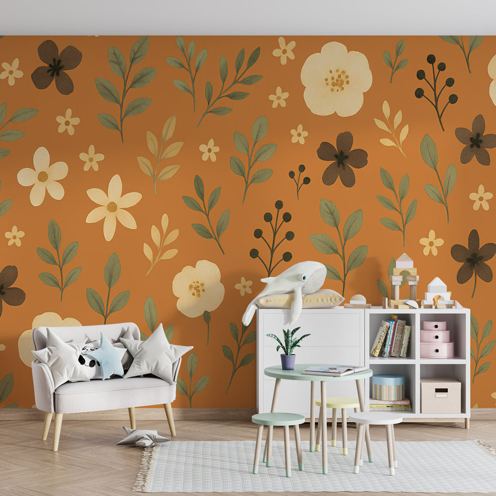 Garden-themed floral wallpaper transforming children's bedroom into nature-inspired space