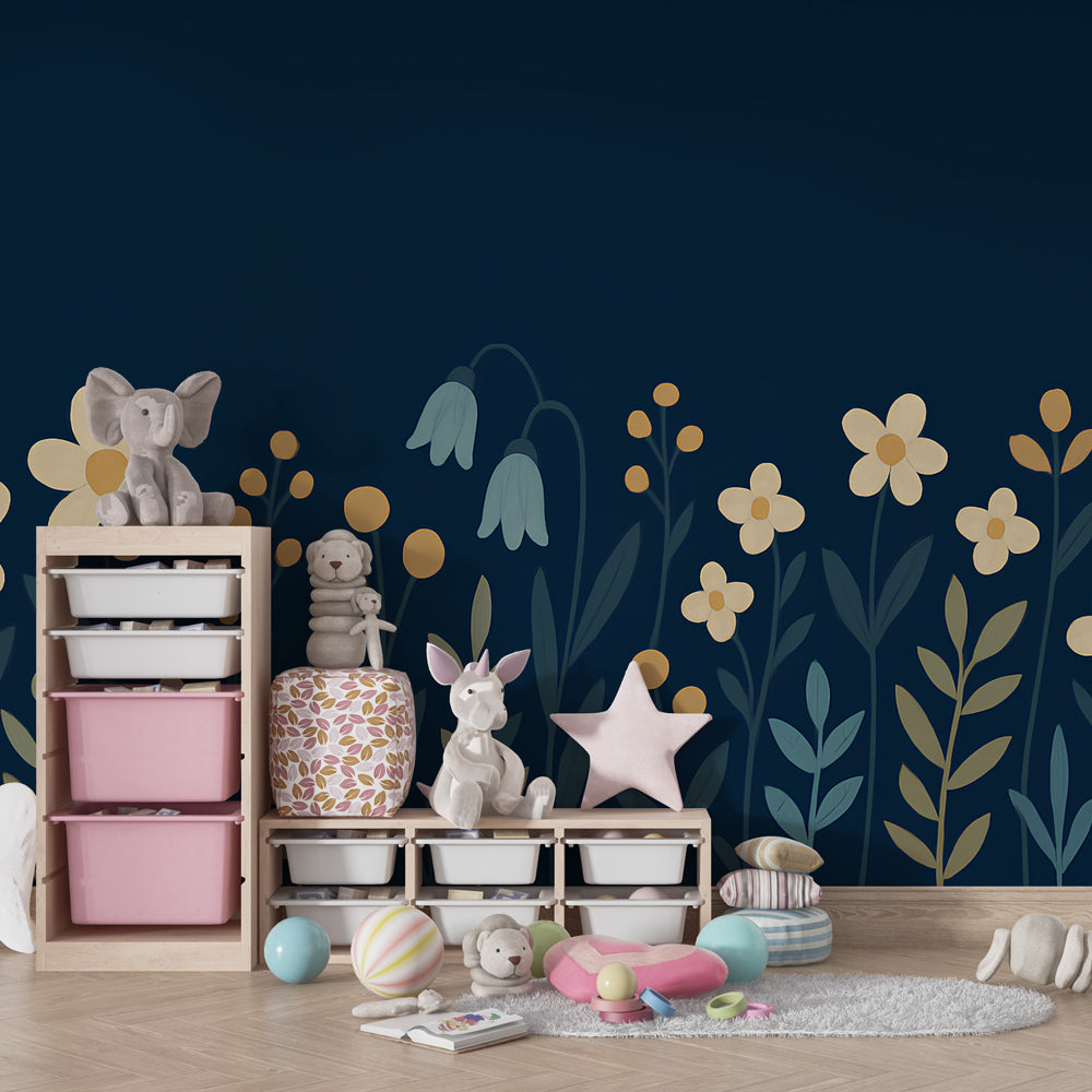 Gentle garden mural wallpaper transforming children's bedroom with soothing floral patterns
