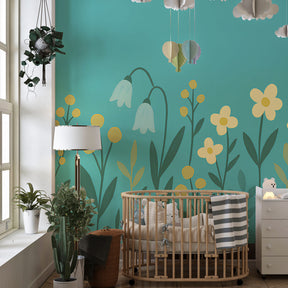 Botanical floral wallpaper transforming toddler room into enchanted garden space