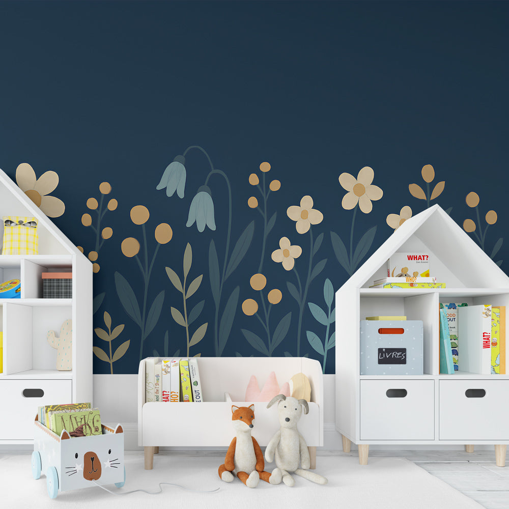 Children's floral wallpaper creating peaceful nursery atmosphere with natural botanical design