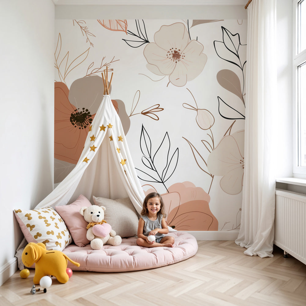 Modern floral mural wallpaper with terracotta cream tones in baby nursery by Kids-Mundo