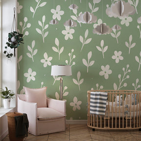 Nature-inspired floral mural wallpaper complementing natural wood furniture in children's room