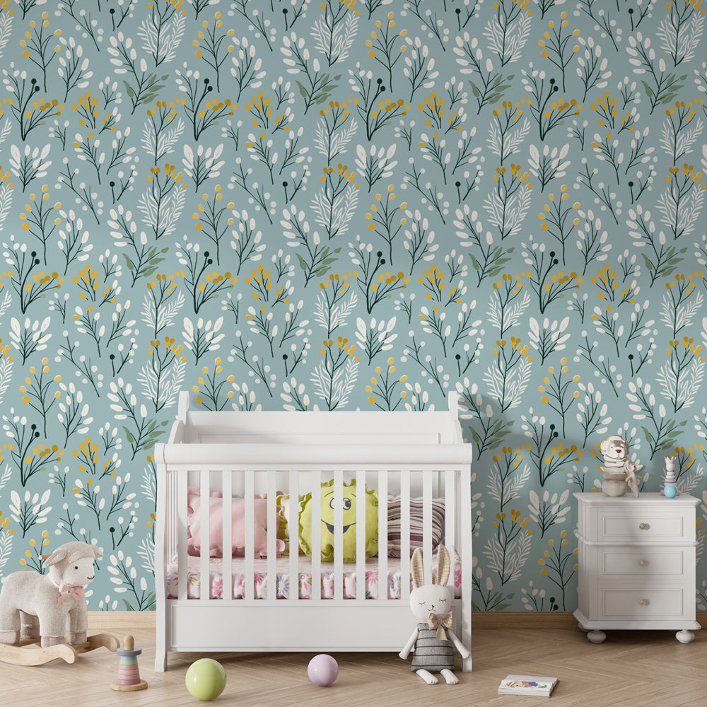 Nature-inspired floral mural wallpaper transforming kids playroom with soft blue garden design