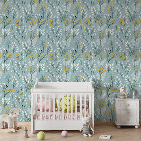 Nature-inspired floral mural wallpaper transforming kids playroom with soft blue garden design