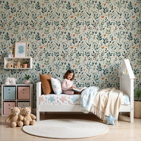 Delicate floral mural wallpaper in beige tones decorating a peaceful nursery by Kids-Mundo