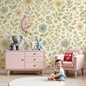 Delicate floral mural wallpaper creating serene nursery atmosphere with beige and green nature design by Kids-Mundo