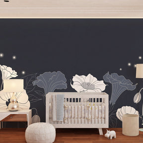 Night blooms floral wallpaper transforming nursery into enchanted garden with elegant dark background
