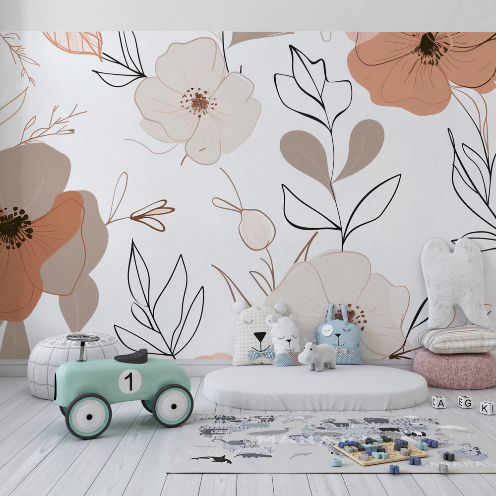Modern botanical mural wallpaper transforming baby room with soft earth tone flowers