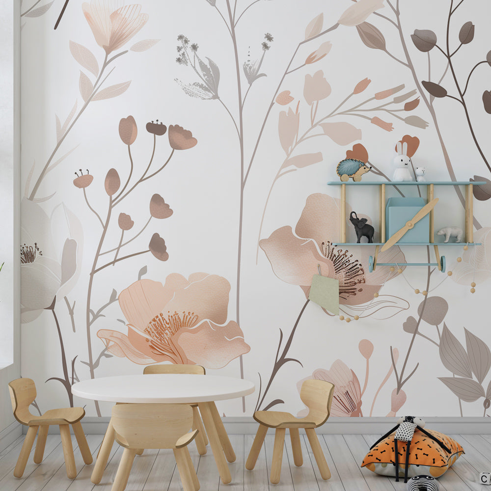 Elegant beige floral mural wallpaper complementing modern nursery decor by Kids-Mundo