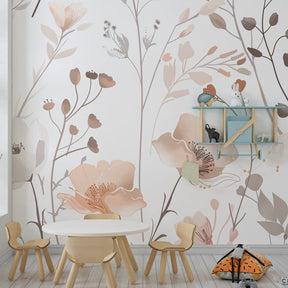 Elegant beige floral mural wallpaper complementing modern nursery decor by Kids-Mundo