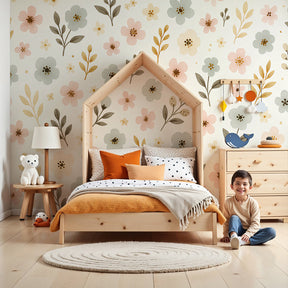 Delicate floral mural wallpaper in soft pastels decorating modern nursery by Kids-Mundo