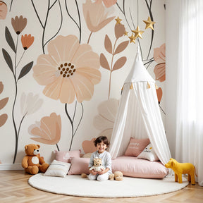 Pastel floral mural wallpaper creating serene nursery atmosphere with modern botanical design by Kids-Mundo