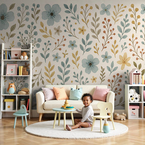 Pastel floral mural wallpaper creating dreamy garden atmosphere in modern nursery by Kids-Mundo