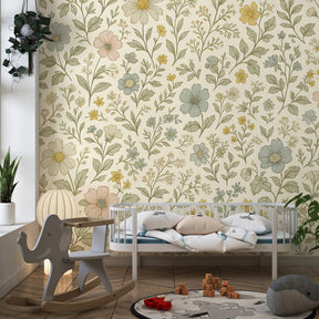 Nature-inspired floral wallpaper transforming kids room into peaceful botanical sanctuary with beige green design
