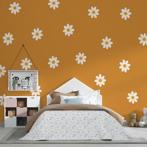 Botanical children's wallpaper with white flowers decorating bright kids playroom space