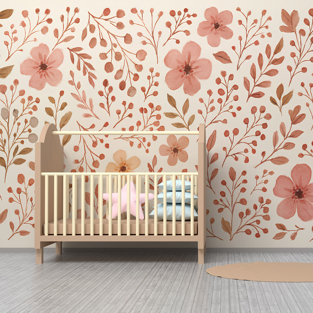 Nature-inspired floral wallpaper transforming kids playroom with soft botanical motifs by Kids-Mundo