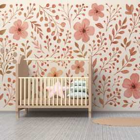 Nature-inspired floral wallpaper transforming kids playroom with soft botanical motifs by Kids-Mundo